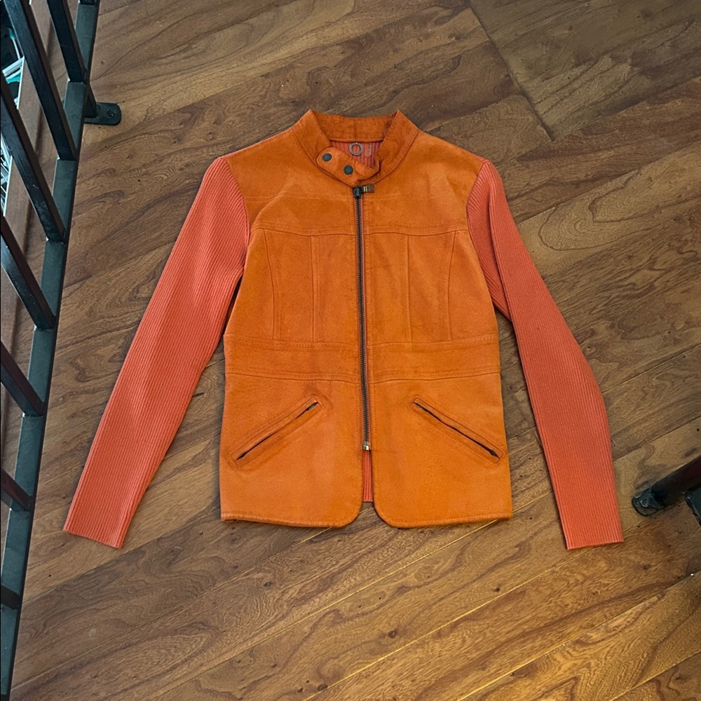 One Girl Who… Vintage Orange Genuine Leather Knit Zip Jacket Size Small